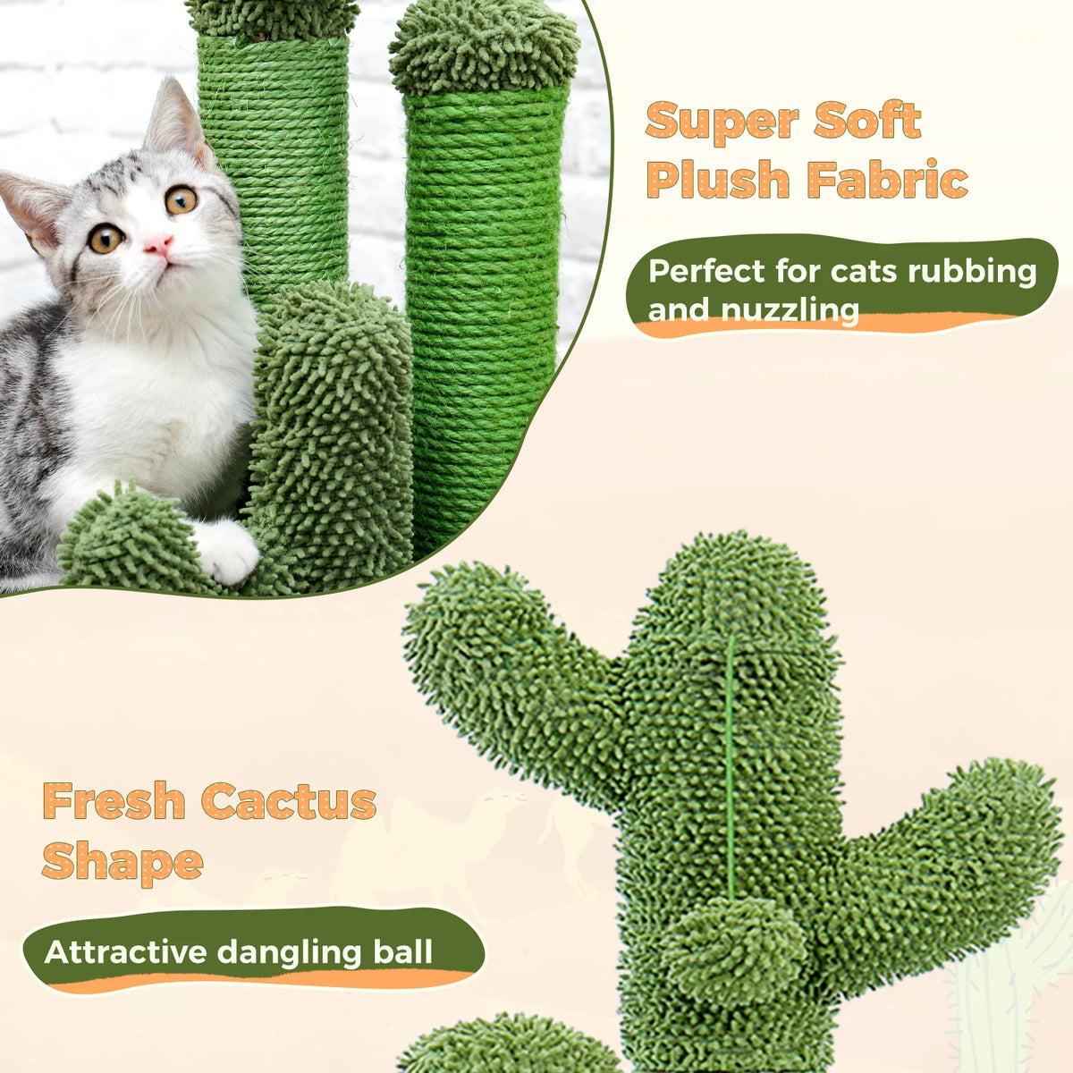 Cactus Cat Scratching Post with 3 Sisal Poles and Dangling Ball