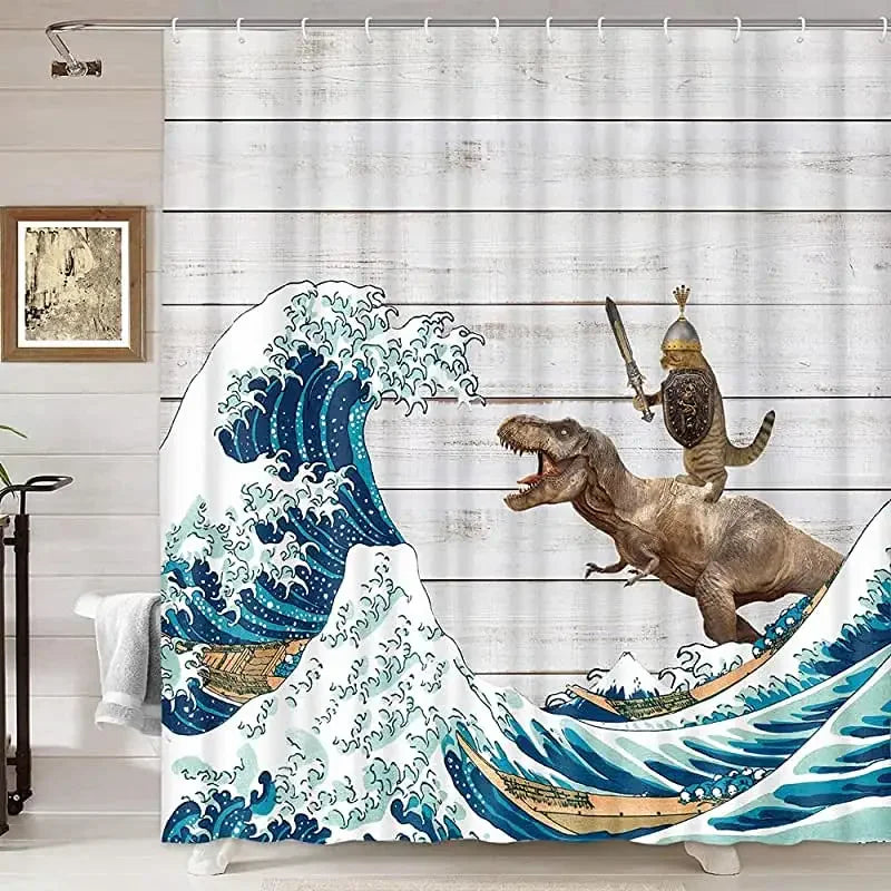 Funny Cat Riding a T-Rex Shower Curtain, Japanese Wave Decor