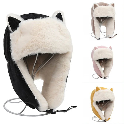 Cat Ear Trapper Hat with Thick Ear Flaps, Unisex Winter Cap