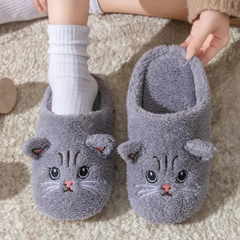 Plush Cat Slippers for Women and Men, Warm Fleece House Shoes