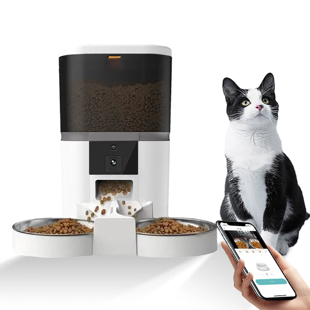 Automatic Cat Feeder With HD Camera and Two Stainless Steel Bowls, 4 L Capacity
