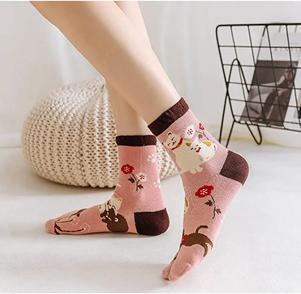 Cute Cat Tabi Socks 5 Pack, Two-Toe Socks for Flip-Flops