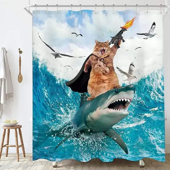 Cute Cat and Dinosaur Shower Curtain with 12 Hooks Included