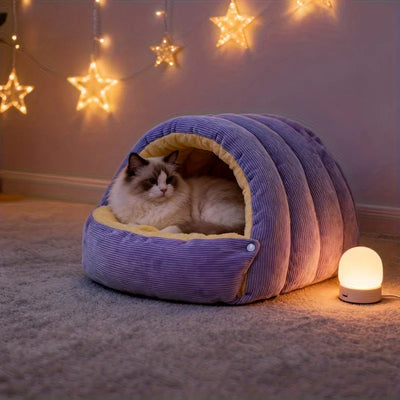 Cat Cave Bed with Snap Flap Door and Plush Lining