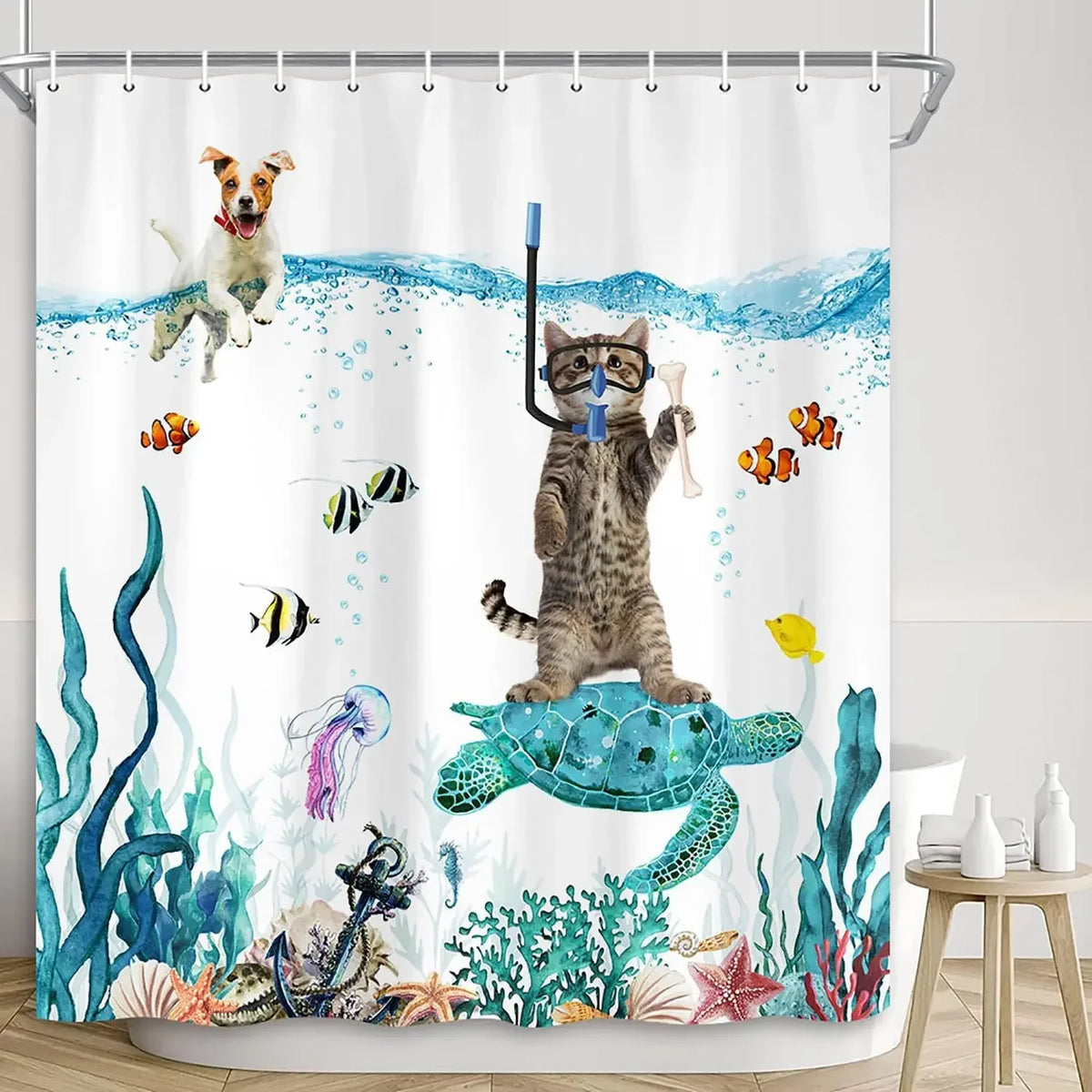 Cute Cat and Dinosaur Shower Curtain with 12 Hooks Included