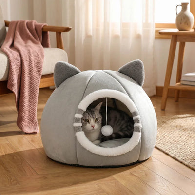 Cat Cave Bed with Hanging Pom-Pom Toy and Plush Ears