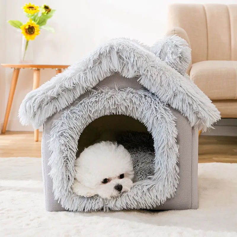 Shaggy Roof Cat House Bed with Fluffy Faux Fur Trim