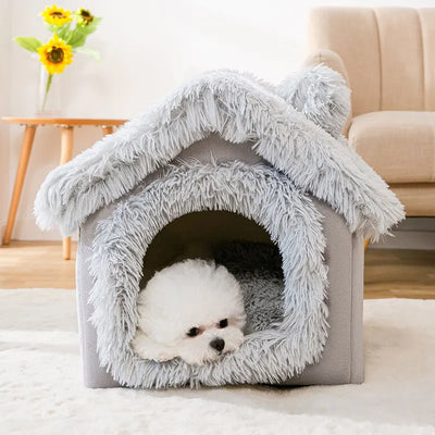 Shaggy Roof Cat House Bed with Fluffy Faux Fur Trim