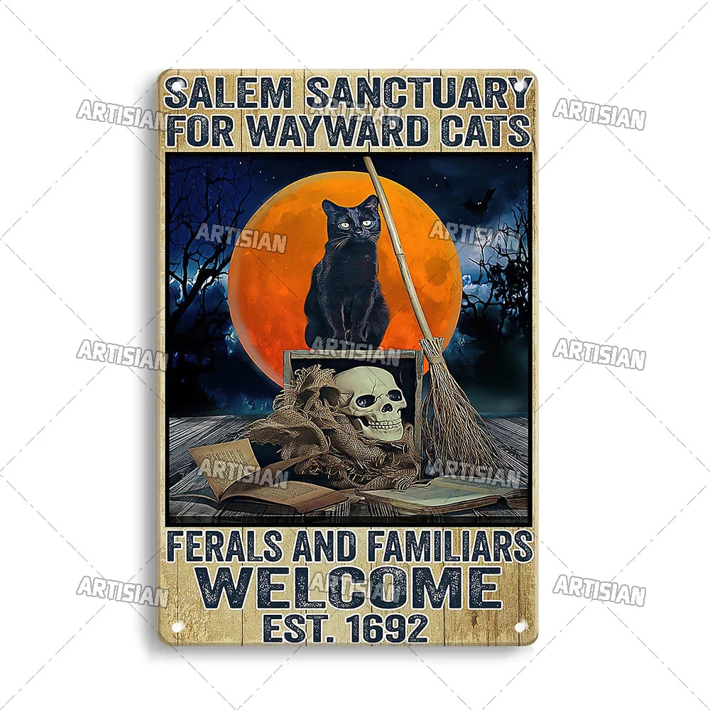Witchy Black Cat Kitchen Sign, Salem Sanctuary Tin Plaque