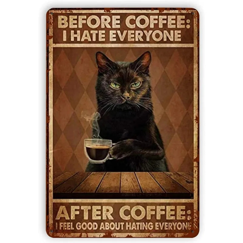 Coffee Cat Tin Sign, Retro Metal Kitchen and Cafe Wall Decor