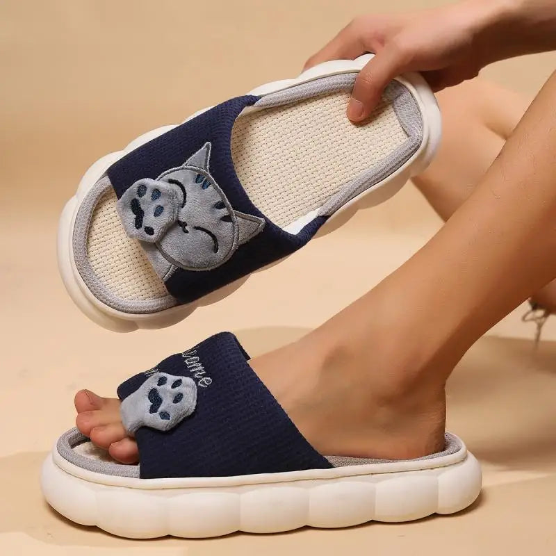 Embroidered Cat Slippers with Hemp Insole and Low Platform
