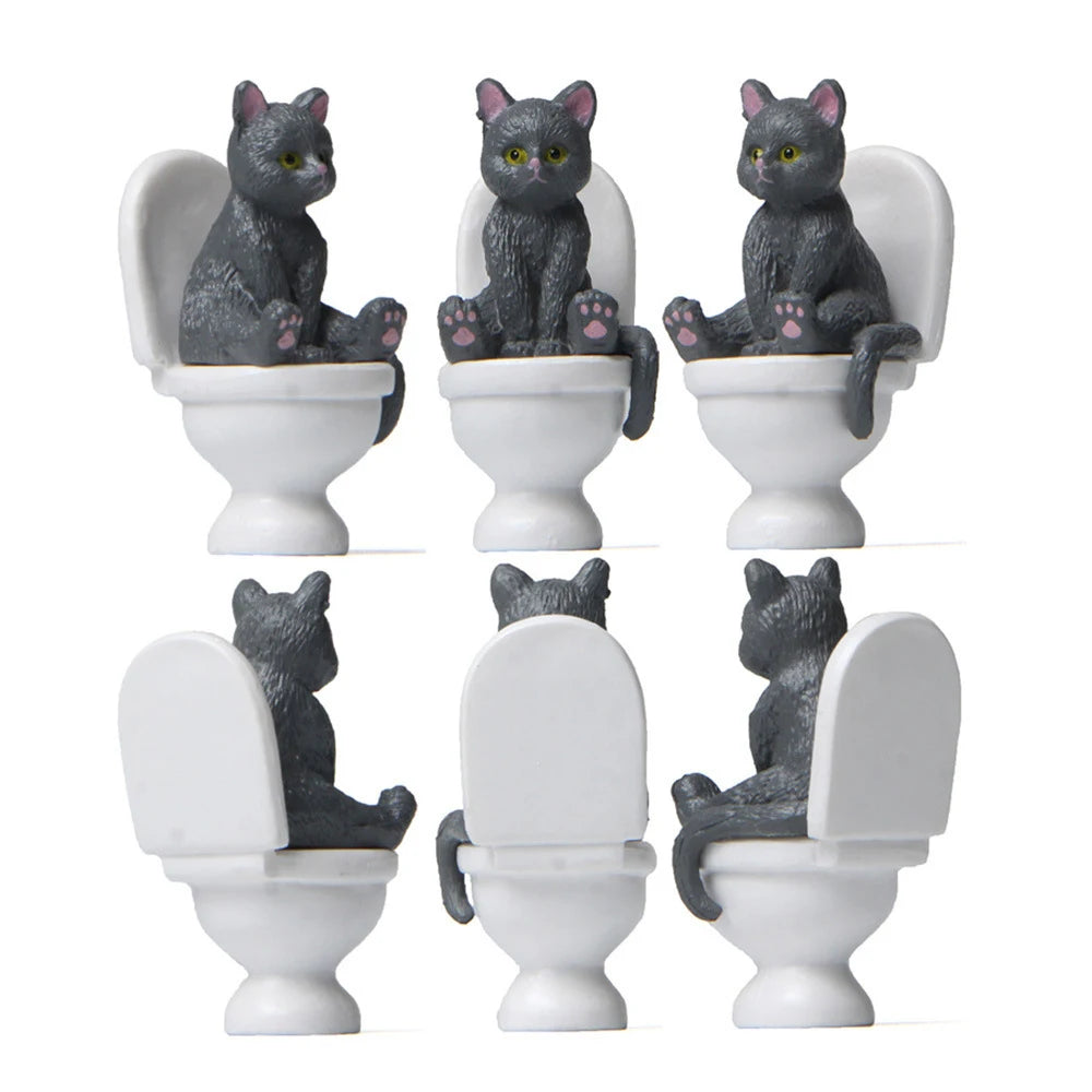 Cat on Toilet Figurine, Funny Mini Bathroom Cat Ornament