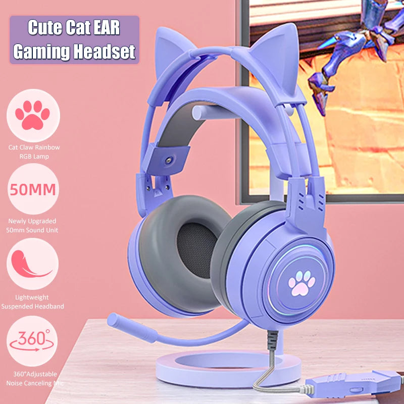 JINSERTA Cat Wallet Cat Ear Gaming Headphones – RGB Wired Headset with Mic, 50mm Drivers, 3.5mm Connection for PC & Phone