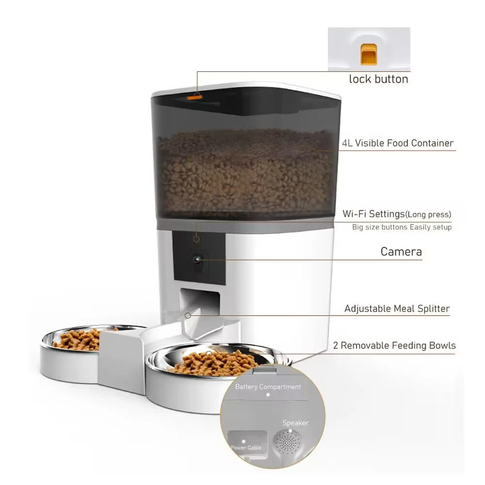Automatic Cat Feeder With HD Camera and Two Stainless Steel Bowls, 4 L Capacity
