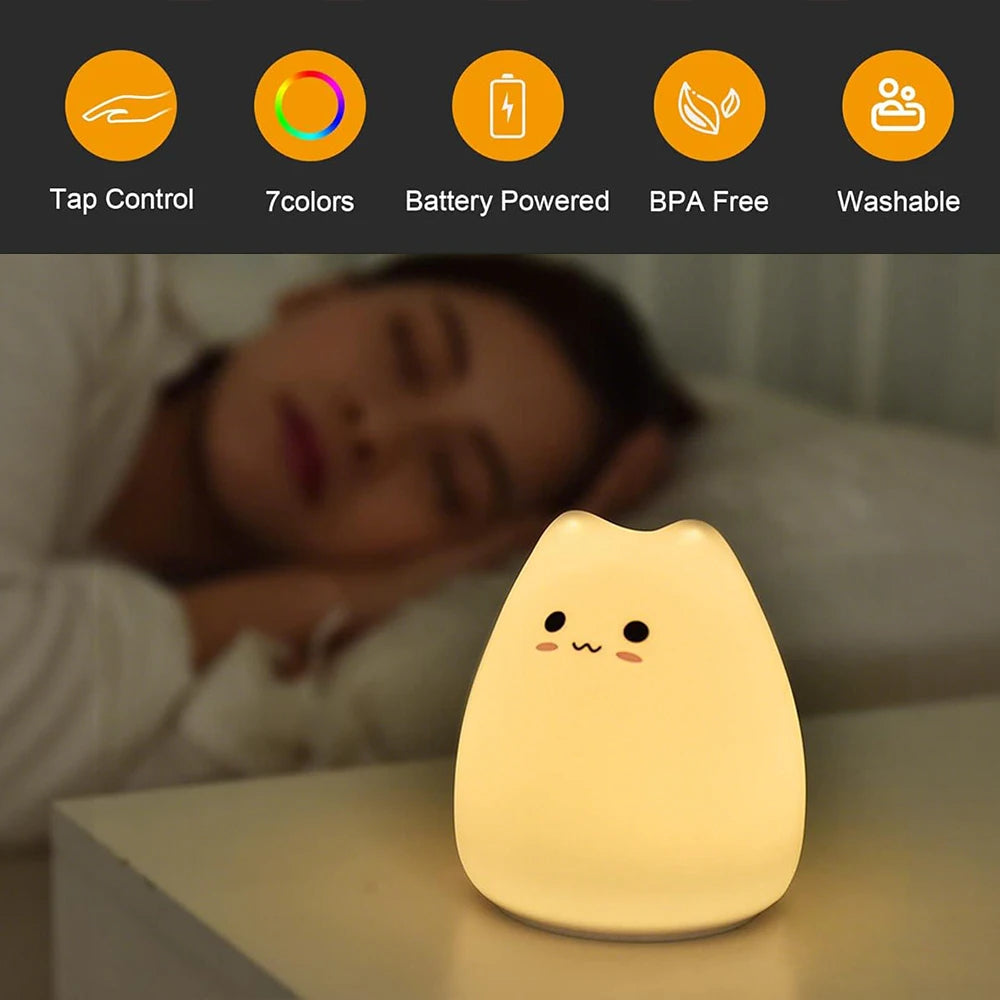 Silicone Cat Night Light, Tap-to-Change 7-Color and Warm White Lamp
