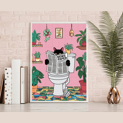 Funny Black Cat on Toilet Bathroom Wall Art Print