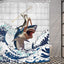 Funny Cat Riding a T-Rex Shower Curtain, Japanese Wave Decor