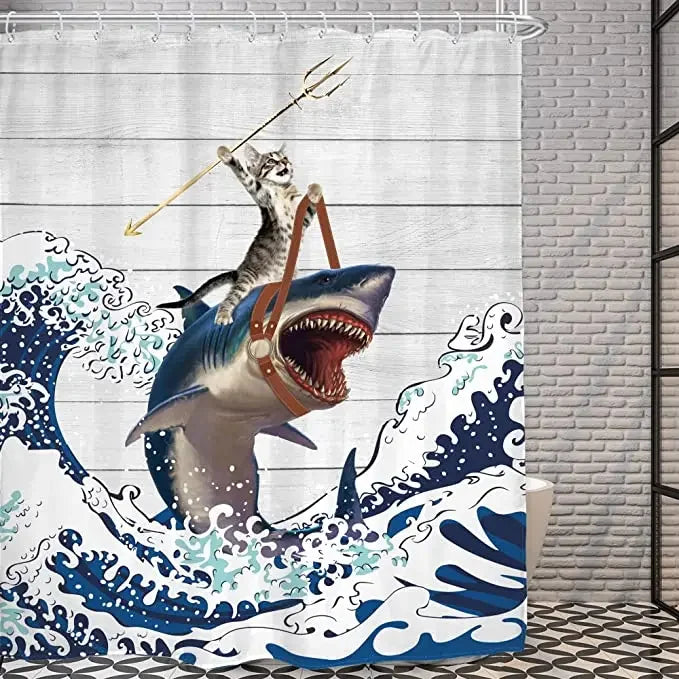 Funny Cat Riding a T-Rex Shower Curtain, Japanese Wave Decor