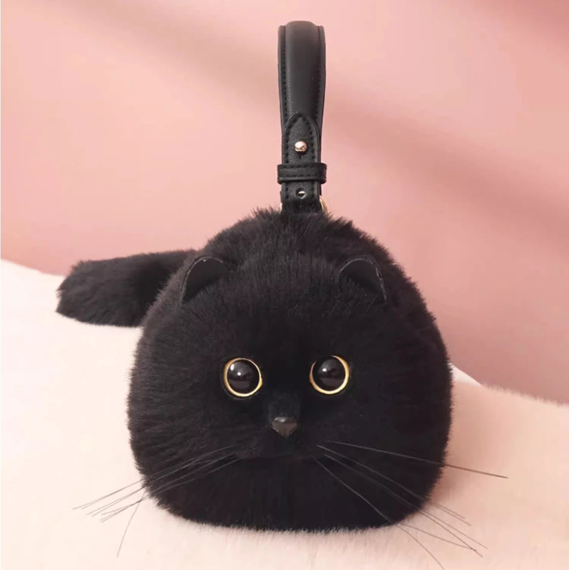 Fluffy Black Cat Handbag with Golden Eyes and Plush Tail