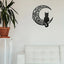 Black Cat on the Moon Metal Wall Art, Floral Crescent Decor