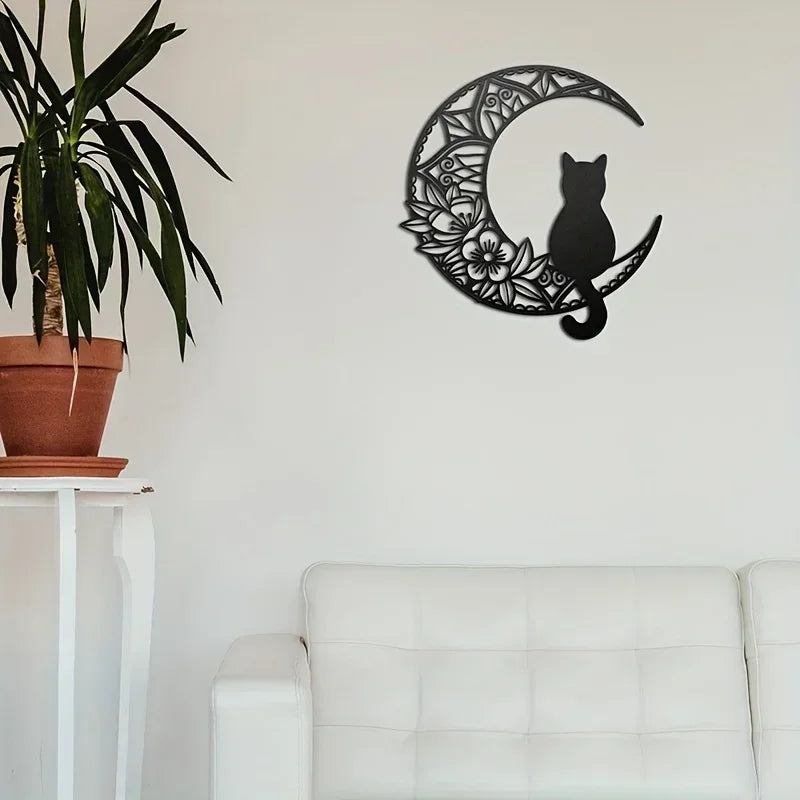 Black Cat on the Moon Metal Wall Art, Floral Crescent Decor