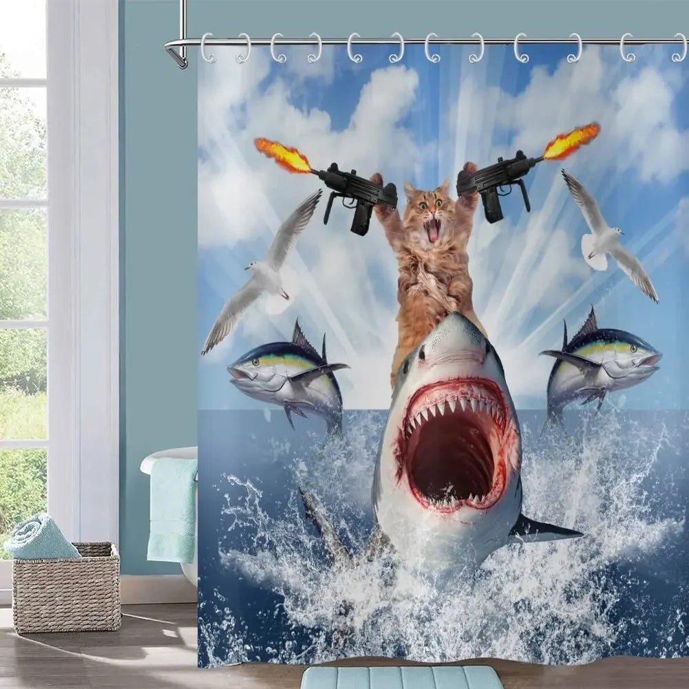 Funny Cat Riding a T-Rex Shower Curtain, Japanese Wave Decor