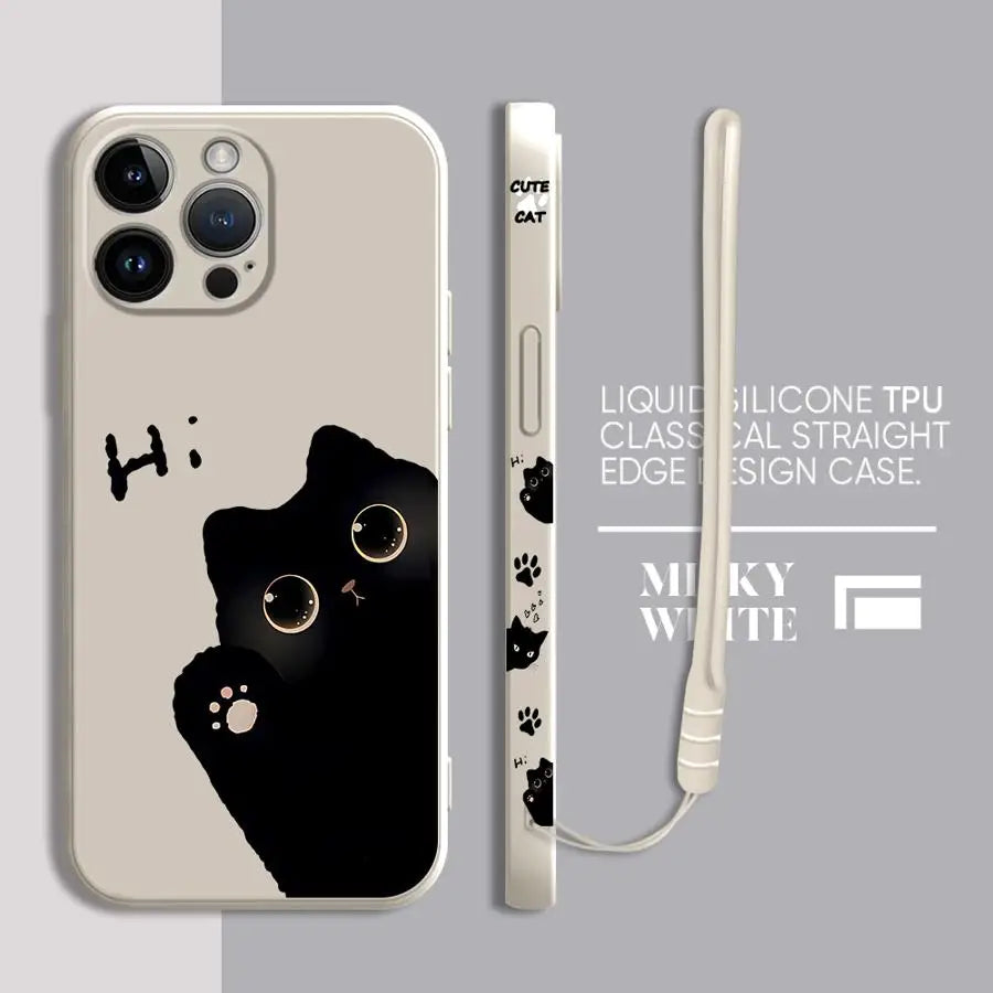 Peeking Black Cat Phone Case With Side Paw Print Design and Wrist Lanyard