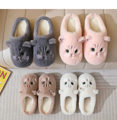 Cat Print Plush House Slippers, Warm Flannel Winter Shoes