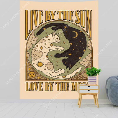Cute Witchy Cat Mandala Tapestry for Boho Room Decor