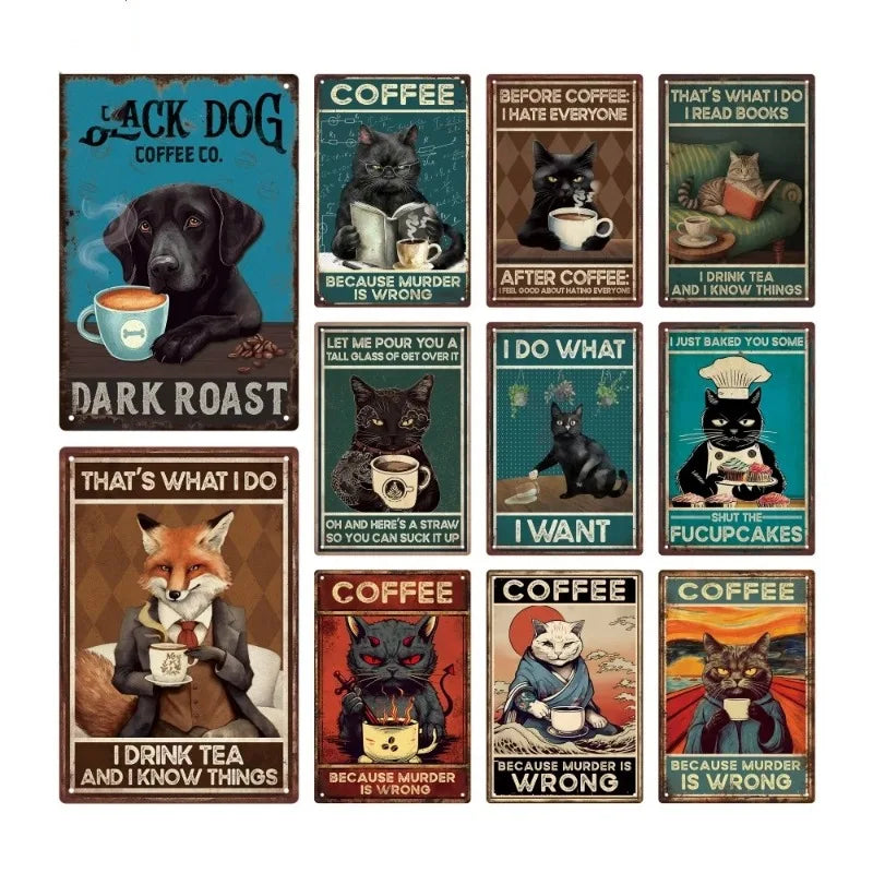 Coffee Cat Tin Sign, Retro Metal Kitchen and Cafe Wall Decor