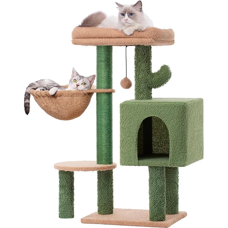 Green Cactus Cat Tree with Hammock and Scratching Ramp