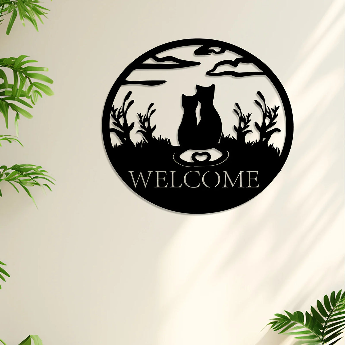Two Cats Welcome Metal Sign, Black Cat Silhouette Wall Art