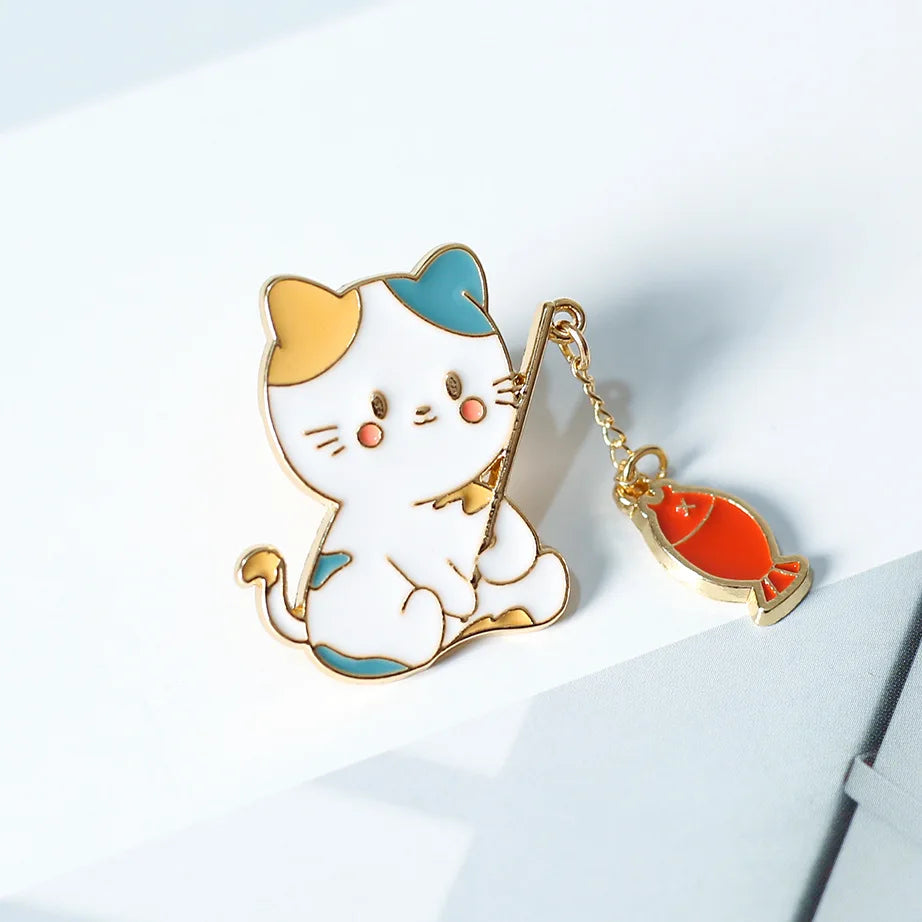 Cat Fishing Enamel Pin with Dangling Fish Charm, Cute Cat Brooch