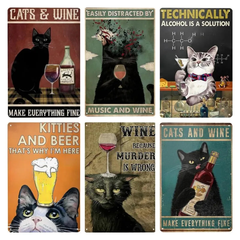 Cats and Wine Vintage Metal Sign, 8 x 12 Inch Bar Wall Decor