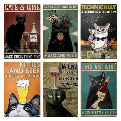 Cats and Wine Vintage Metal Sign, 8 x 12 Inch Bar Wall Decor