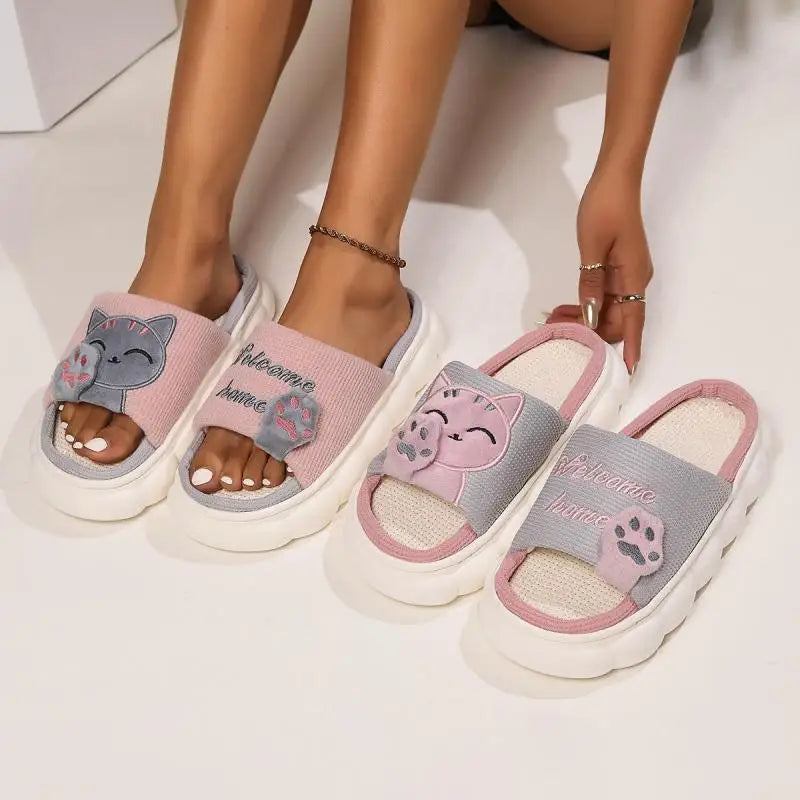 Embroidered Cat Slippers with Hemp Insole and Low Platform
