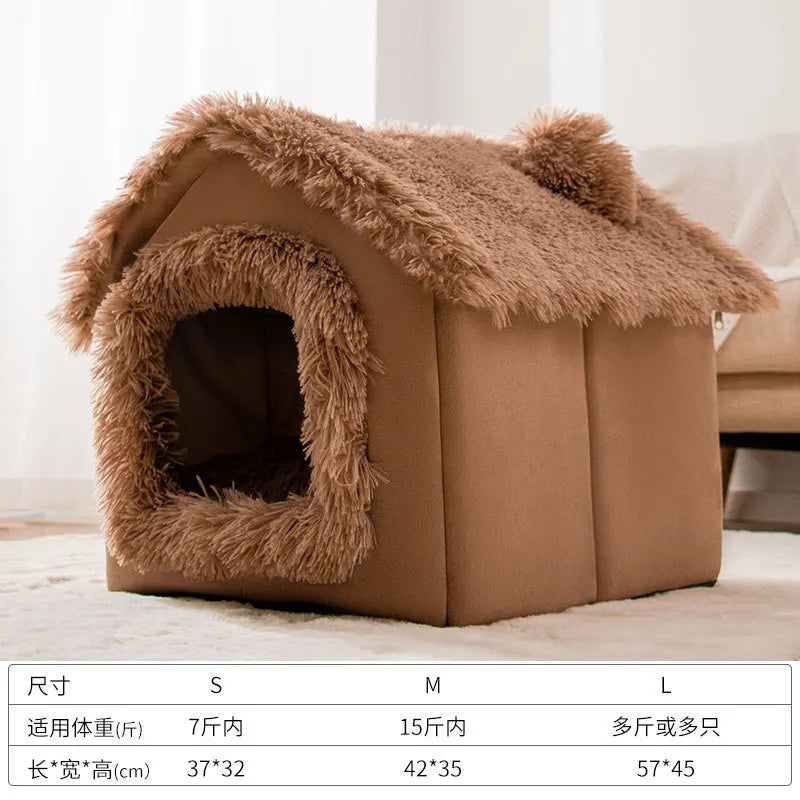 Shaggy Roof Cat House Bed with Fluffy Faux Fur Trim
