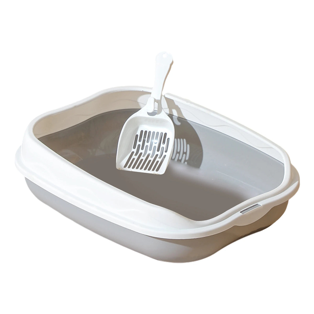Semi-Open Cat Litter Box With Scoop Hook and Litter Step, Gray
