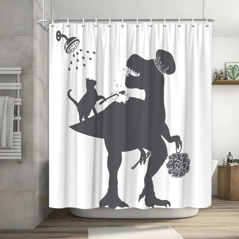 Funny Cat Riding a T-Rex Shower Curtain, Japanese Wave Decor