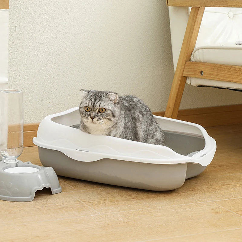 Semi-Open Cat Litter Box With Scoop Hook and Litter Step, Gray