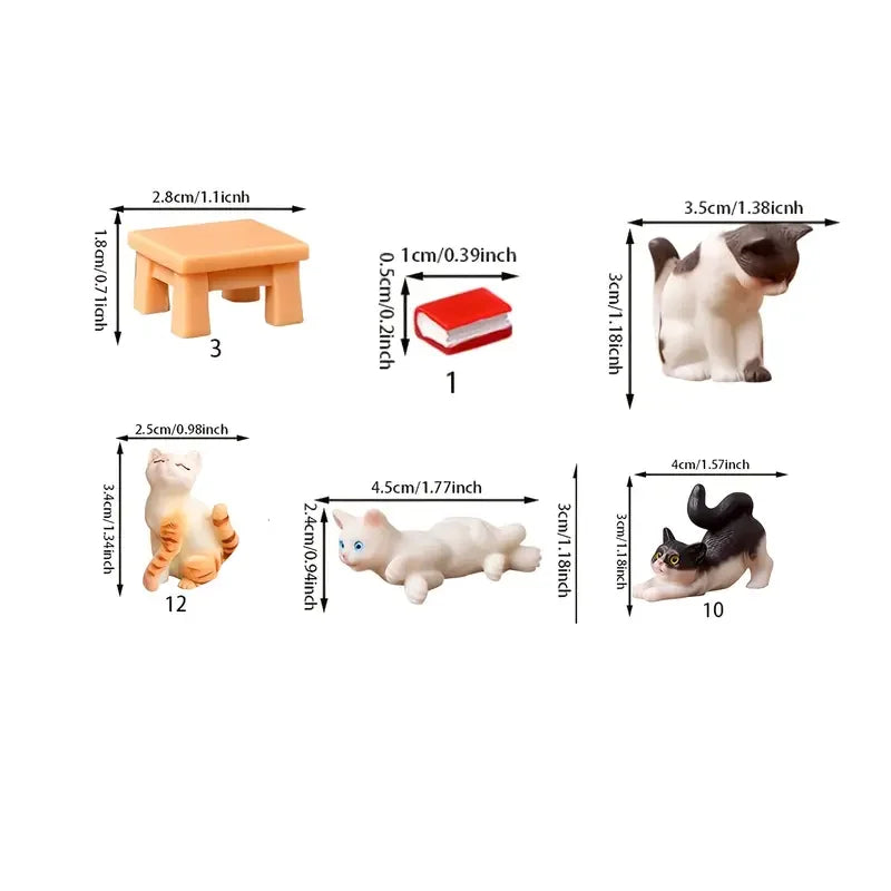 6-Piece Miniature Cat Figurine Set with Stool and Book, Resin