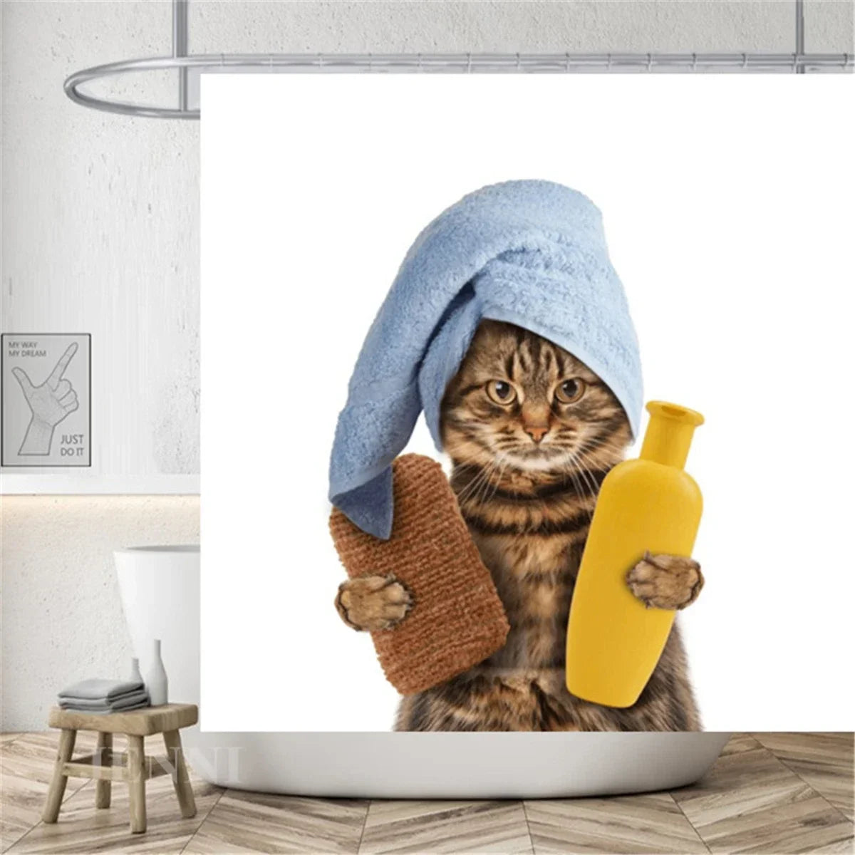 Cute Cat and Dinosaur Shower Curtain with 12 Hooks Included