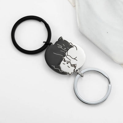 Black and White Hugging Cats Keychain Set for 2, Stainless Steel Couple Keyrings