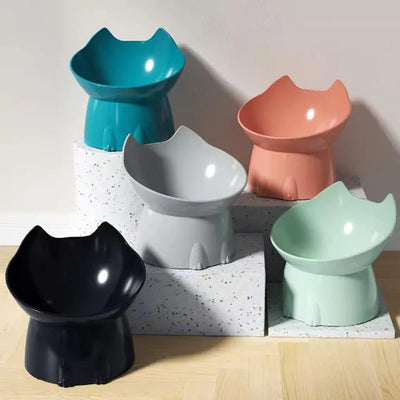 Tall-Back Raised Cat Bowl With Cat Ears and Paws, Tilted Plastic Dish