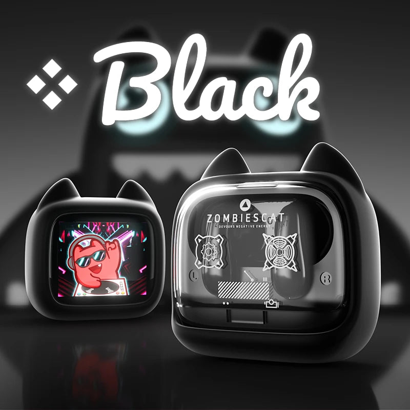 ZOMBIES CAT B19 Cat Wallet Bluetooth Earbuds – Mini TV Touchscreen Case, 13mm Drivers, ENC Mic & 30H Wireless Playtime