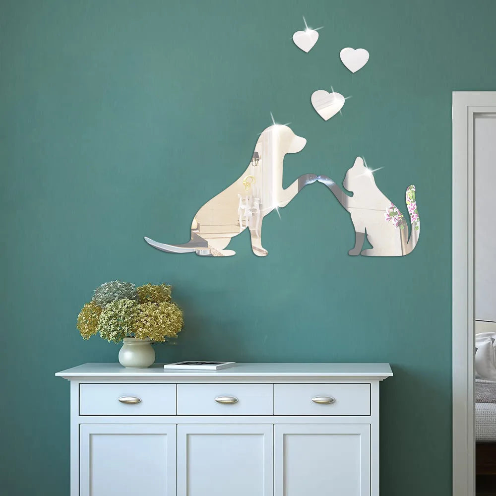Cat Mirror Wall Stickers, Acrylic Cat Silhouettes with Paw Prints