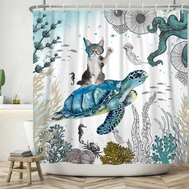 Funny Cat Riding a T-Rex Shower Curtain, Japanese Wave Decor