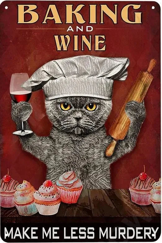 Cats and Wine Vintage Metal Sign, 8 x 12 Inch Bar Wall Decor