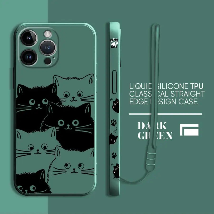 Peeking Black Cat Phone Case With Side Paw Print Design and Wrist Lanyard