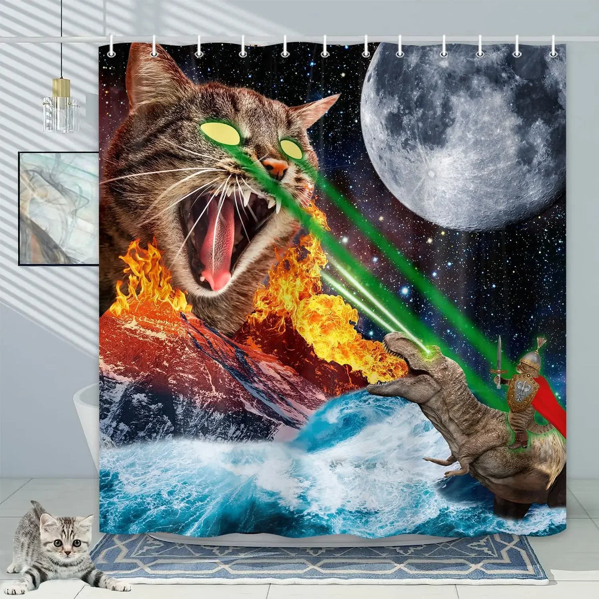 Cute Cat and Dinosaur Shower Curtain with 12 Hooks Included